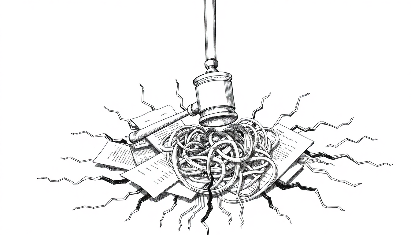 Pen-scratch cover: Create a hand-drawn pen scratch editorial illustration showing a gavel suspended above a tangled knot of legal documents and circuit board p
