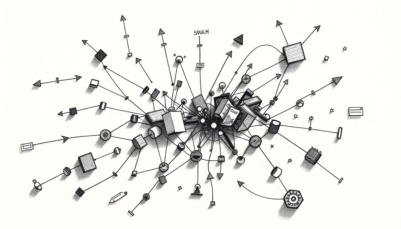 Pen-scratch cover: Create a hand-drawn pen scratch editorial illustration showing a supply chain or organizational chart mid-collapse, with interconnected node
