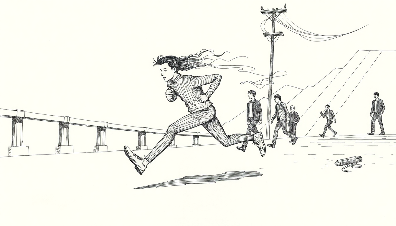 Pen-scratch cover: Create a hand-drawn pen scratch editorial illustration showing a sprinting figure made of flowing lines and energy, pulling far ahead of a g