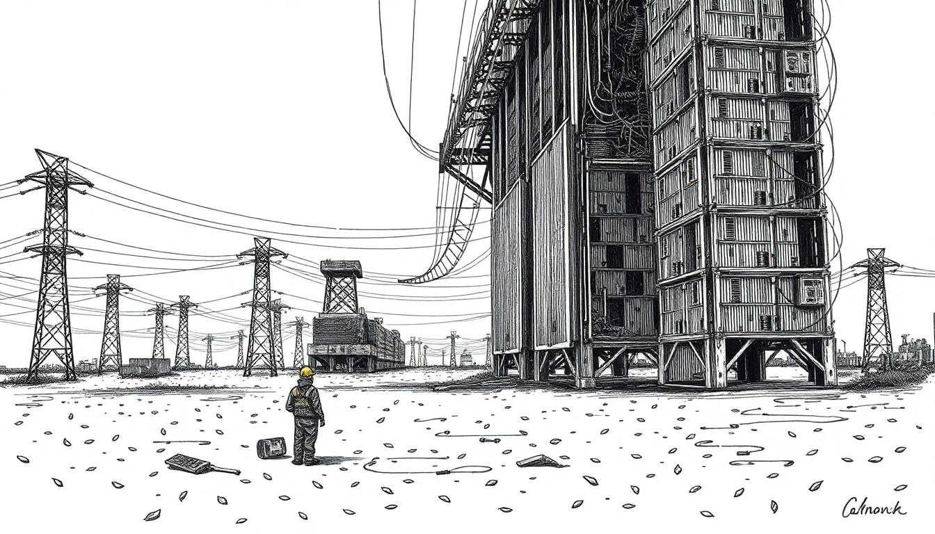 Towering compute infrastructure looms over displaced workers below, their scattered tools suggesting labor displacement while safety structures remain visibly fragile beneath the system's scale.