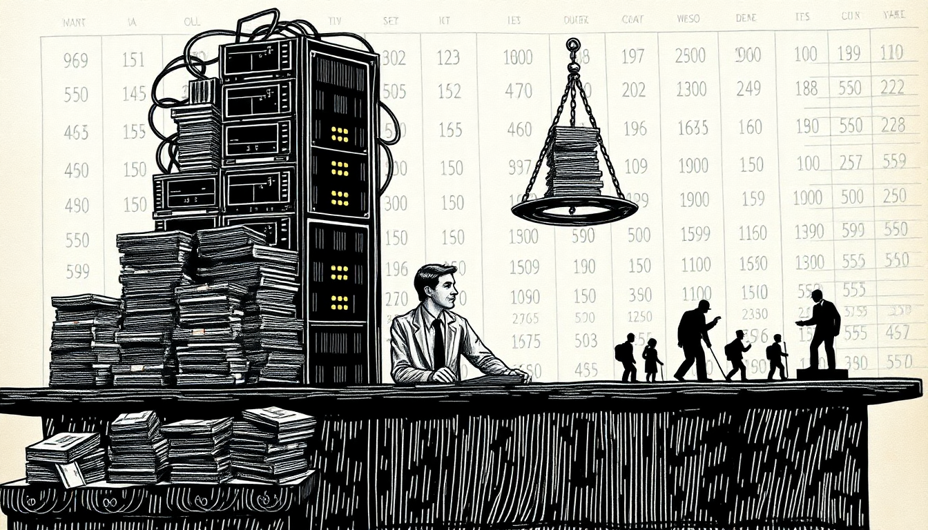 A corporate executive weighs stacks of money against tiny workers on a scale, with glowing server towers rising behind, illustrating how tech companies are prioritizing infrastructure spending over payroll as AI costs mount.