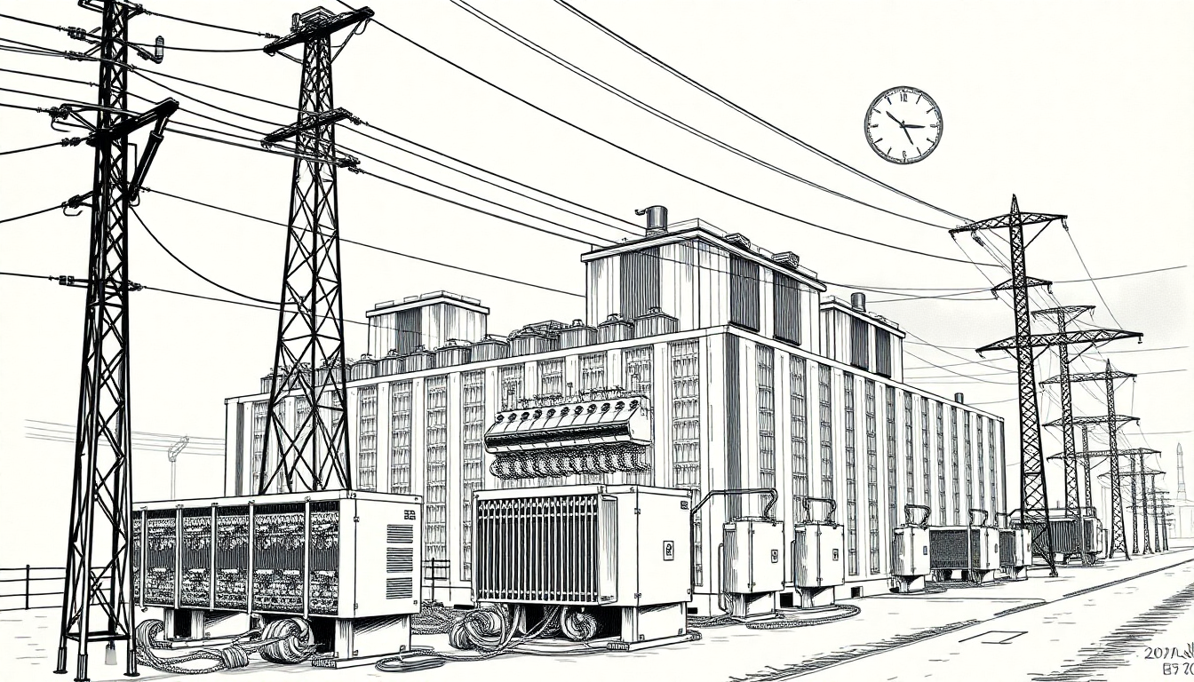 Pen-scratch cover: Create a hand-drawn pen scratch editorial illustration showing a massive data center power plant with thick electrical cables and transforme