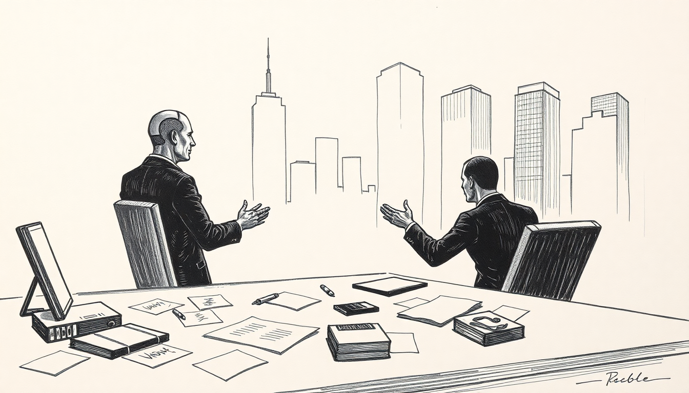 Pen-scratch cover: Create a hand-drawn pen scratch editorial illustration showing a figure seated at a desk facing a mirror, but the reflection shows mechanica
