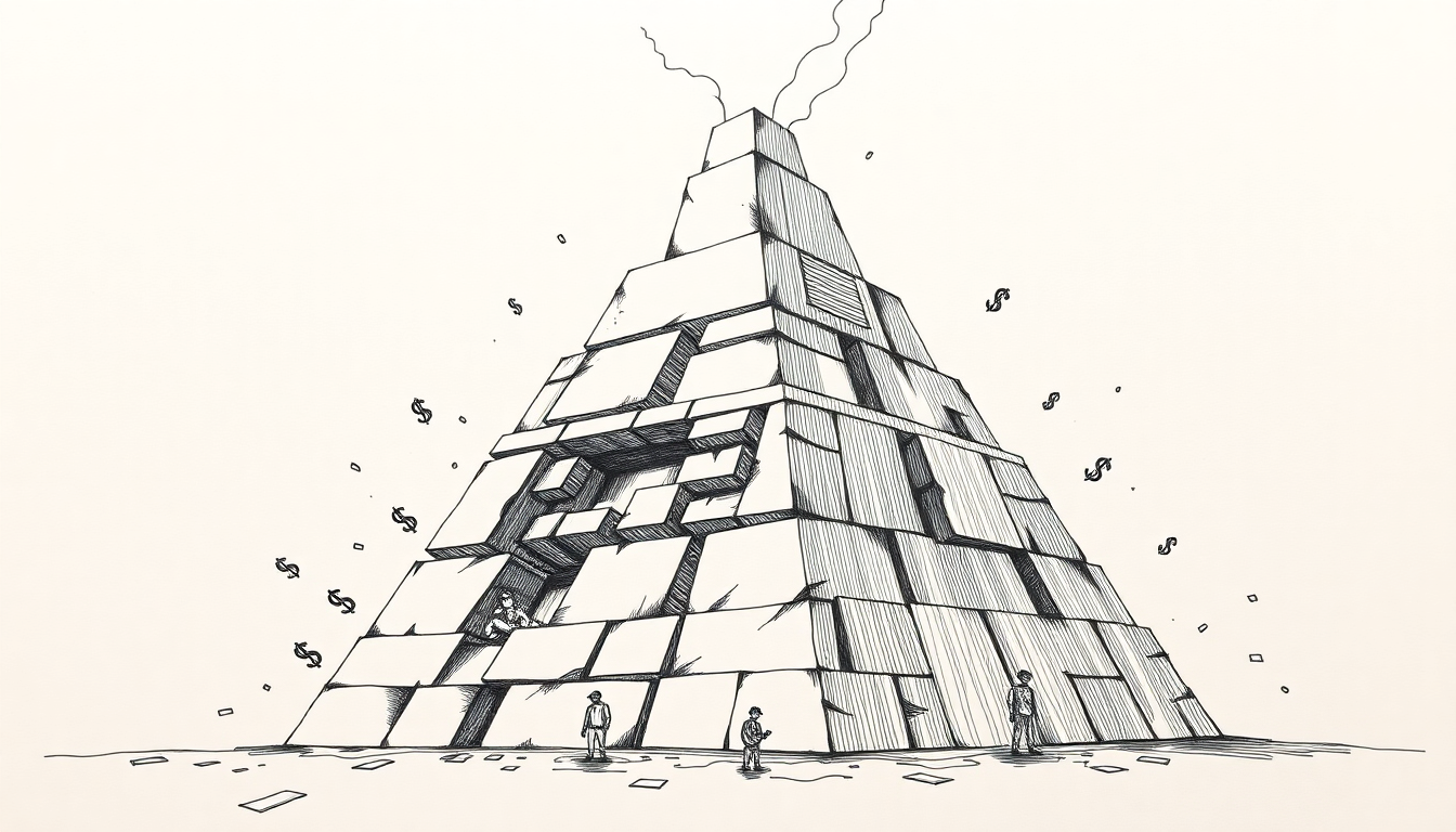 A pyramid inverted under crushing weight, with corporate monoliths pressing down while tiny figures with coding tools scatter outward at the base, symbolizing capital concentration squeezing smaller players in AI.