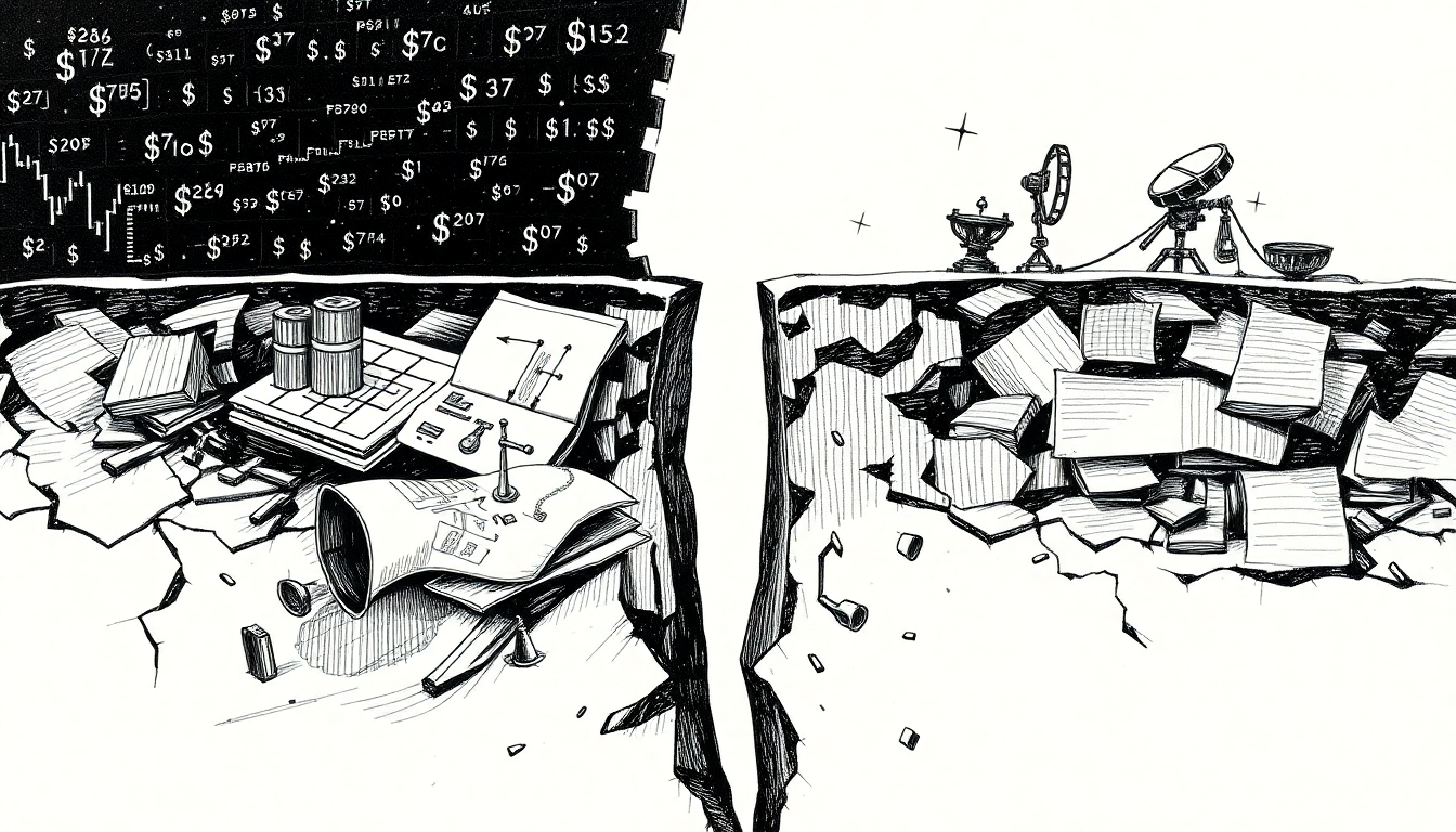 Pen-scratch cover: Create a hand-drawn pen scratch editorial illustration showing a massive structural foundation cracking down the middle, with one side depic