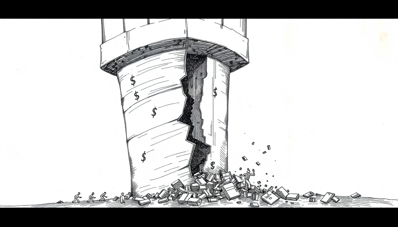 A cracking pillar labeled with dollar signs collapses as tiny figures scatter below, symbolizing how massive AI infrastructure spending may undermine the economic foundation it was meant to strengthen.