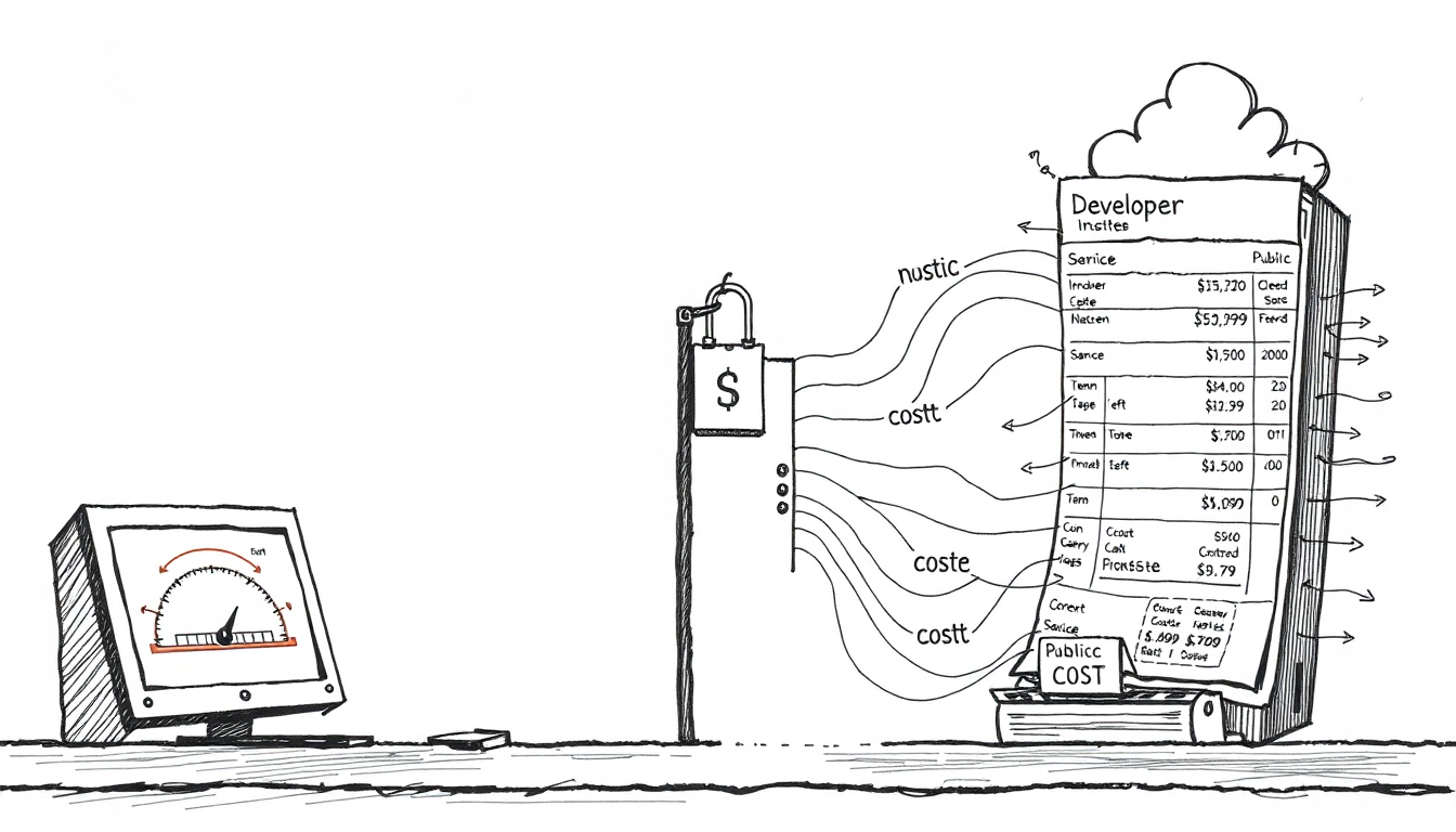 A developer's workbench splits between simple flat billing on one side and spiraling cloud costs on the other, with a locked gate overhead, illustrating the shift from subscription to token-based AI pricing models.