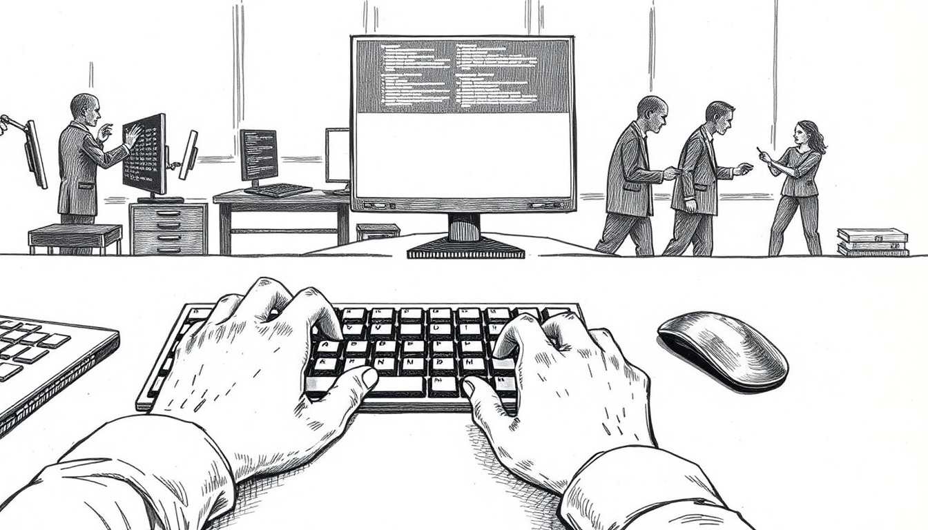 A programmer's hands release the keyboard as shadowy AI agents work unseen in the background, illustrating the shift from human-controlled coding to autonomous systems operating in parallel.