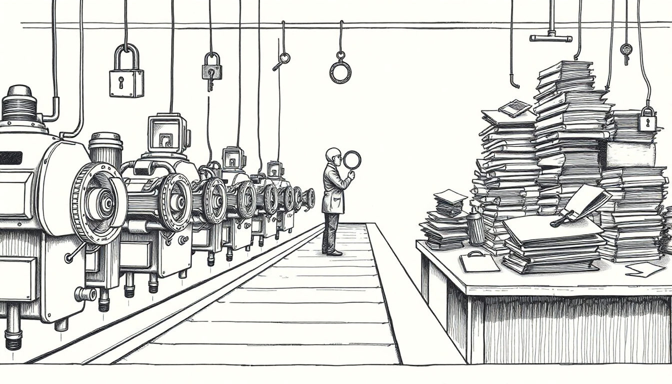 Pen-scratch cover: Create a hand-drawn pen scratch editorial illustration showing a factory assembly line where autonomous agents move rapidly down the conveyo