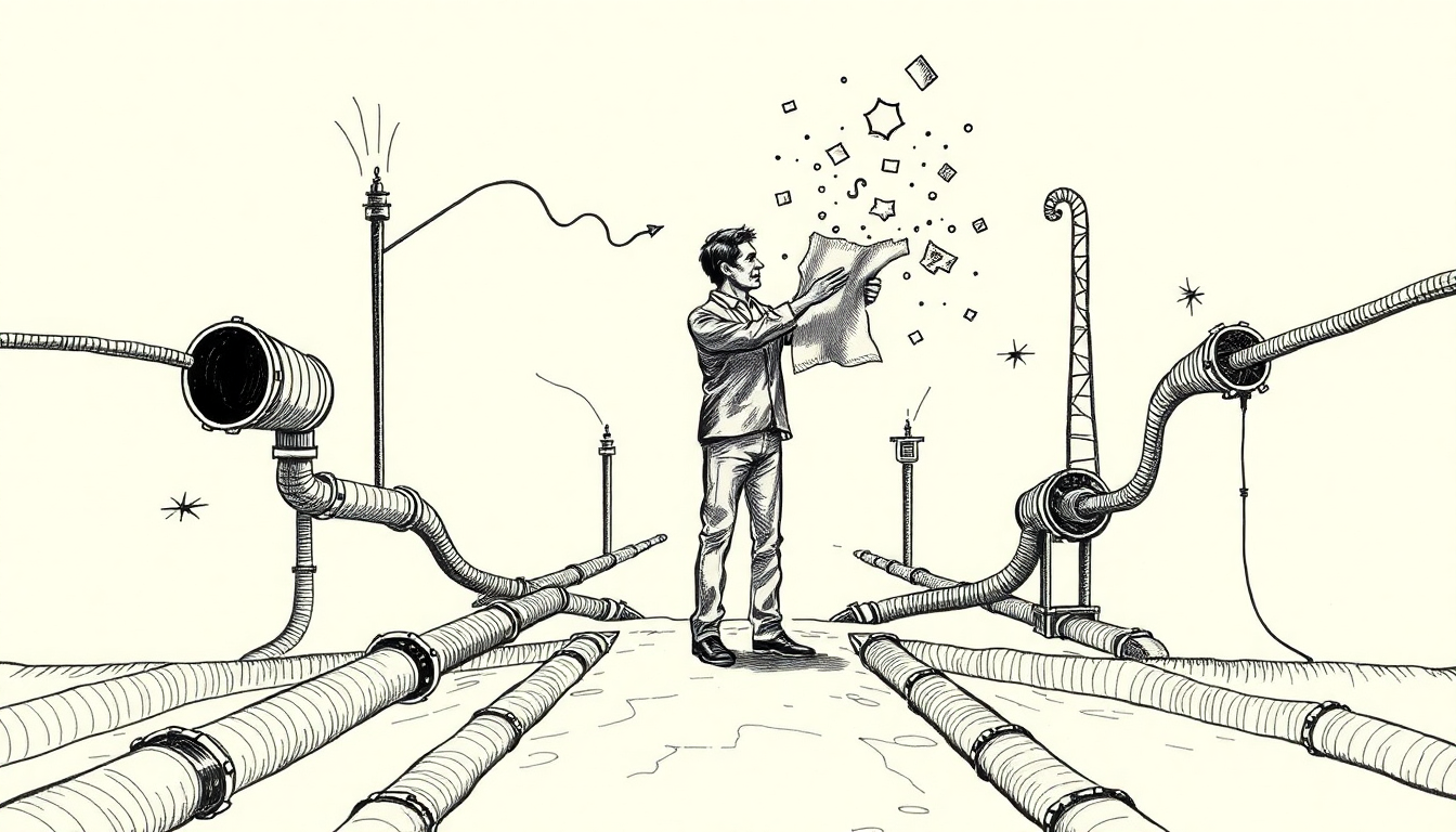 A developer stands amid fragmenting infrastructure pipelines, holding a breaking blueprint, while cross-hatched shadows deepen around competing vendor paths—capturing the week's reshuffling of AI dependencies and hidden financial pressures beneath rapid deployment.