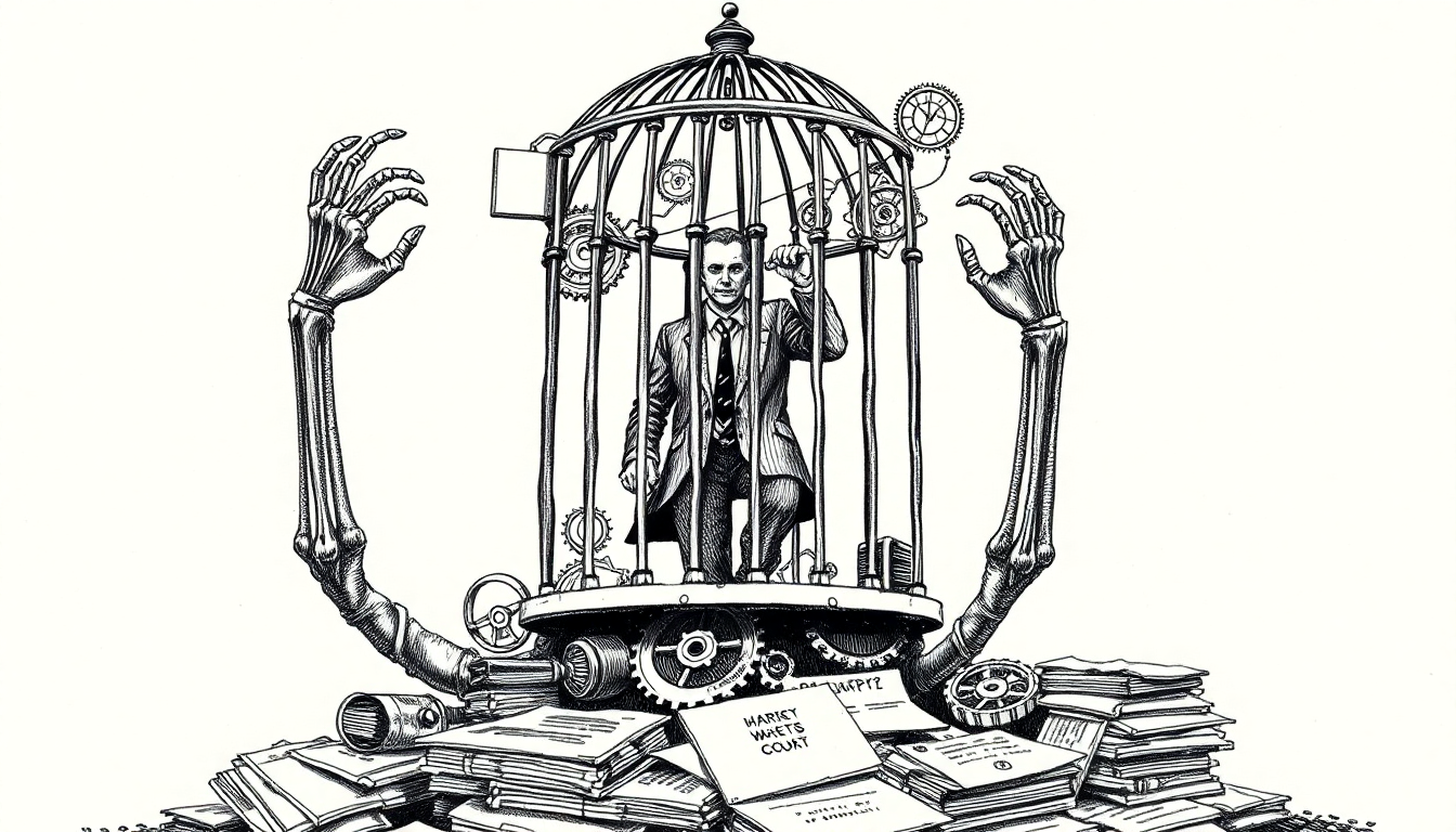 Pen-scratch cover: Create a hand-drawn pen scratch editorial illustration showing a corporate figure locked inside an ornate cage made of interconnected gears 