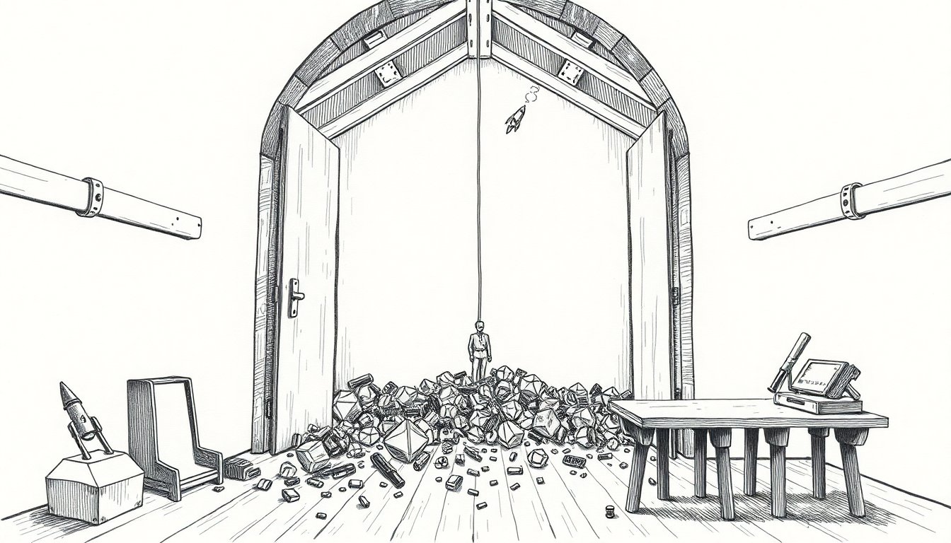 Pen-scratch cover: Create a hand-drawn pen scratch editorial illustration that shows the heavy doors of a great vault thrown open mid-room, a flood of small ge