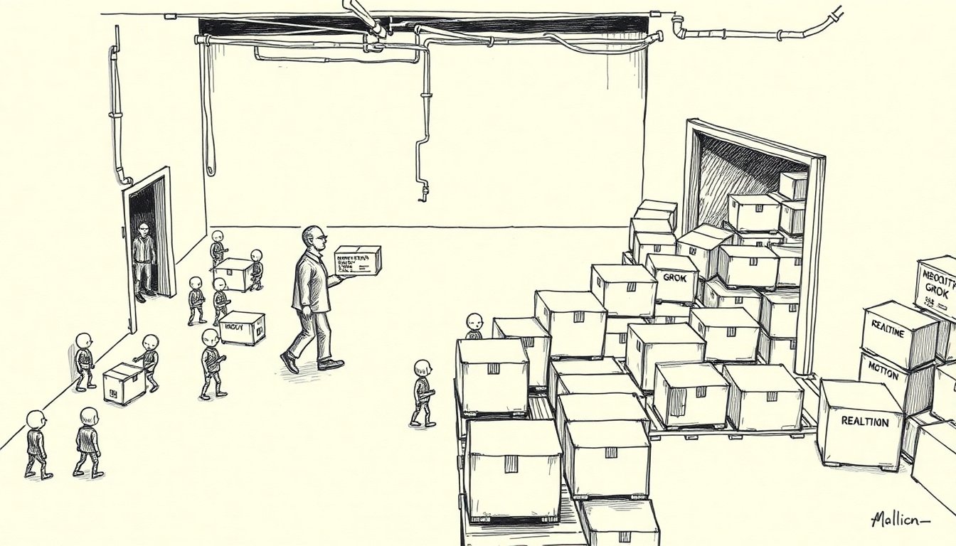 Pen-scratch cover: Create a hand-drawn pen scratch editorial illustration that shows a small workshop floor where dozens of tiny figures, each shaped like a ro