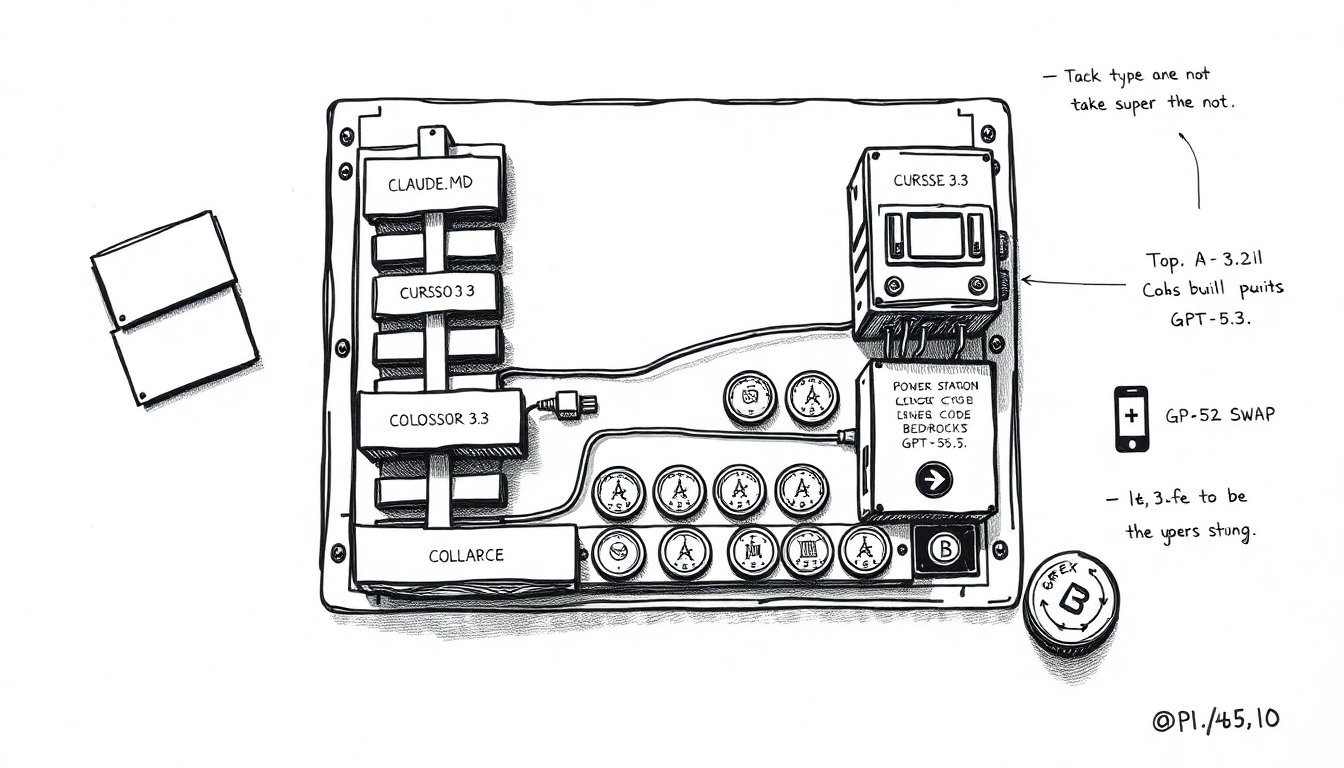 Pen-scratch cover: Create a hand-drawn pen scratch editorial illustration that shows a developer's workbench seen from above, with multiple labelled tool block