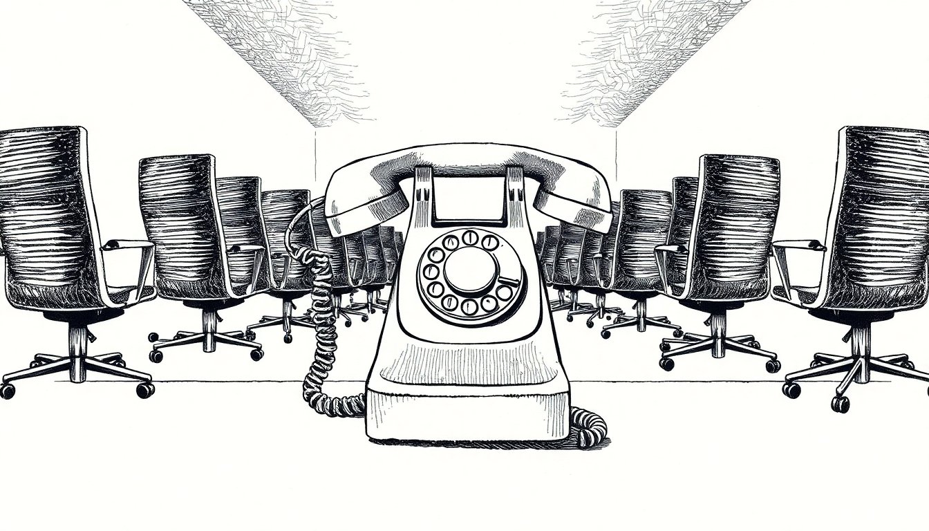 A pen-scratch telephone receiver branches into circuit paths; empty office chairs recede in shadow behind it, evoking voice AI absorbing human roles.