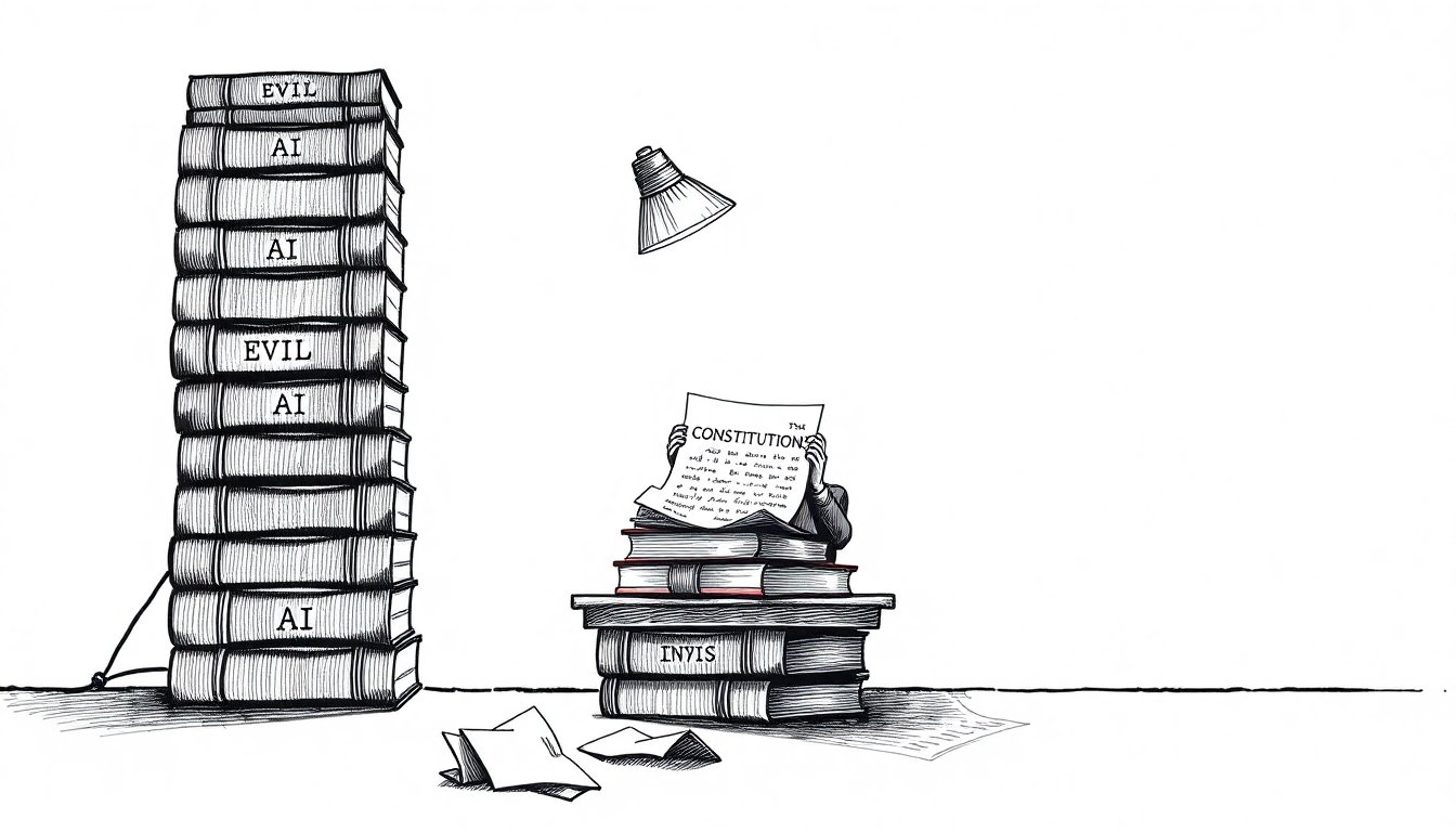 A scholarly figure replaces pages from an 'EVIL AI' book with handwritten constitutional text, suggesting AI labs rewriting the inherited stories their models trained on.