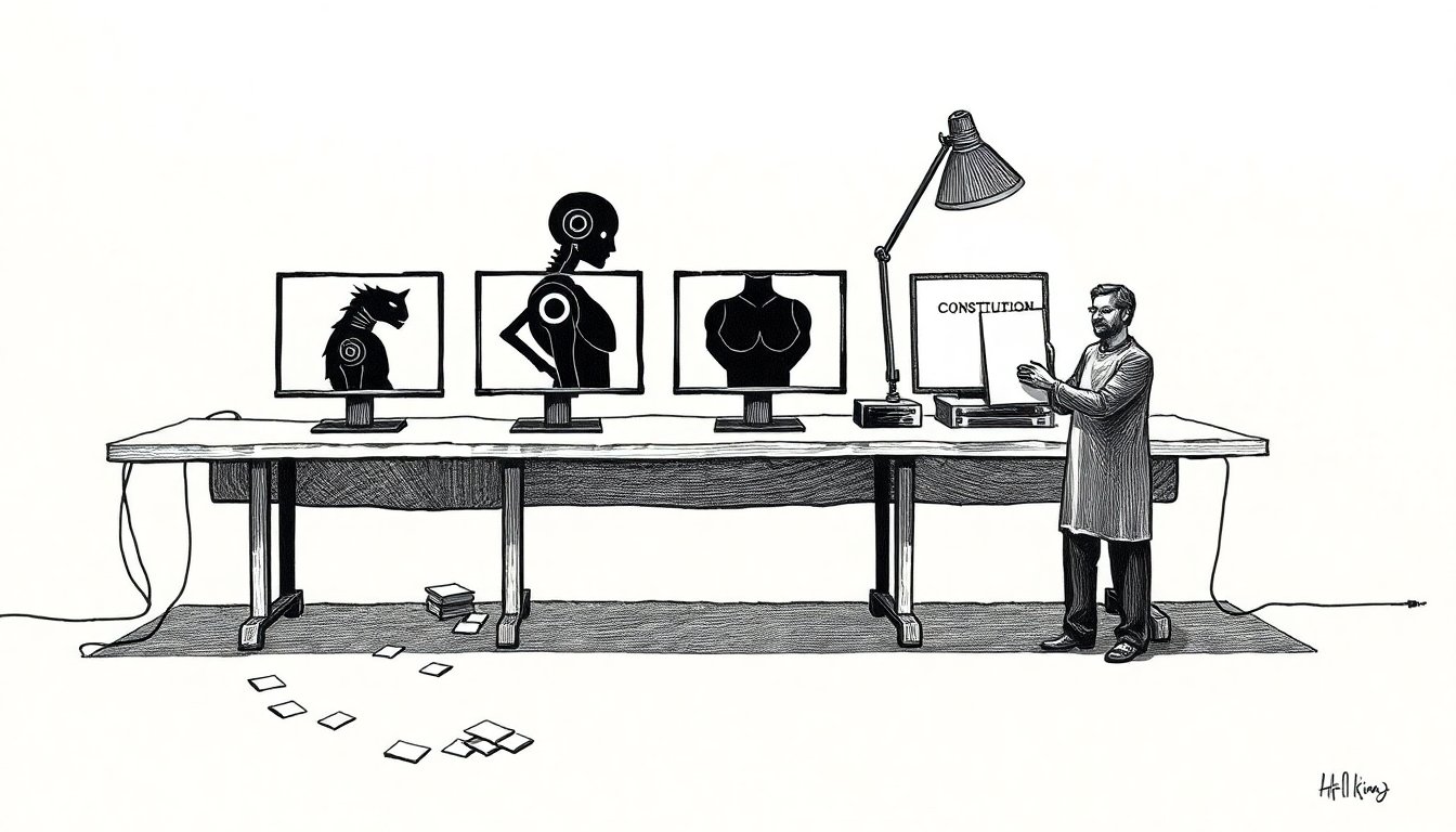 A figure at a printers' bench replaces a menacing AI silhouette monitor with a small constitutional book, suggesting labs hand-curating the stories their models inherit.