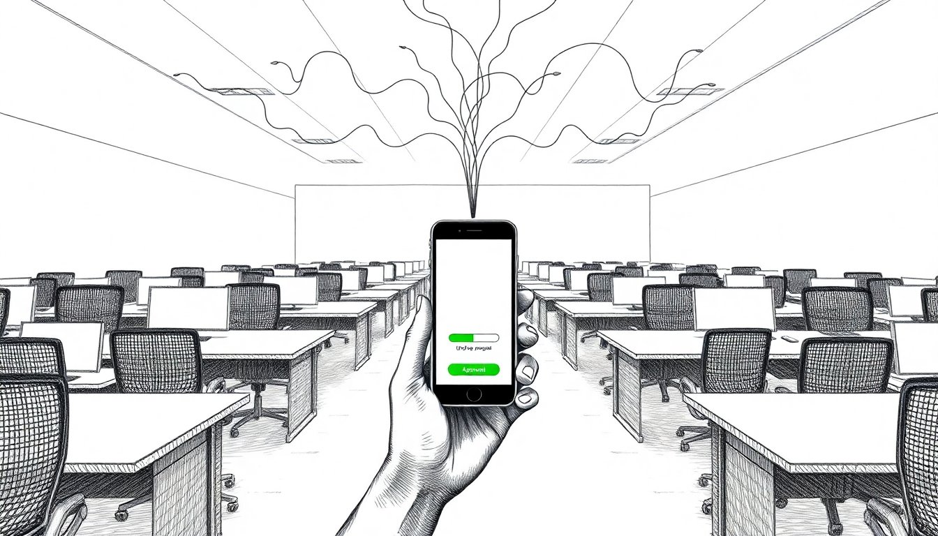 Pen-scratch cover: Create a hand-drawn pen scratch editorial illustration that shows a vast open-plan office floor where rows of desks stretch toward a vanishi