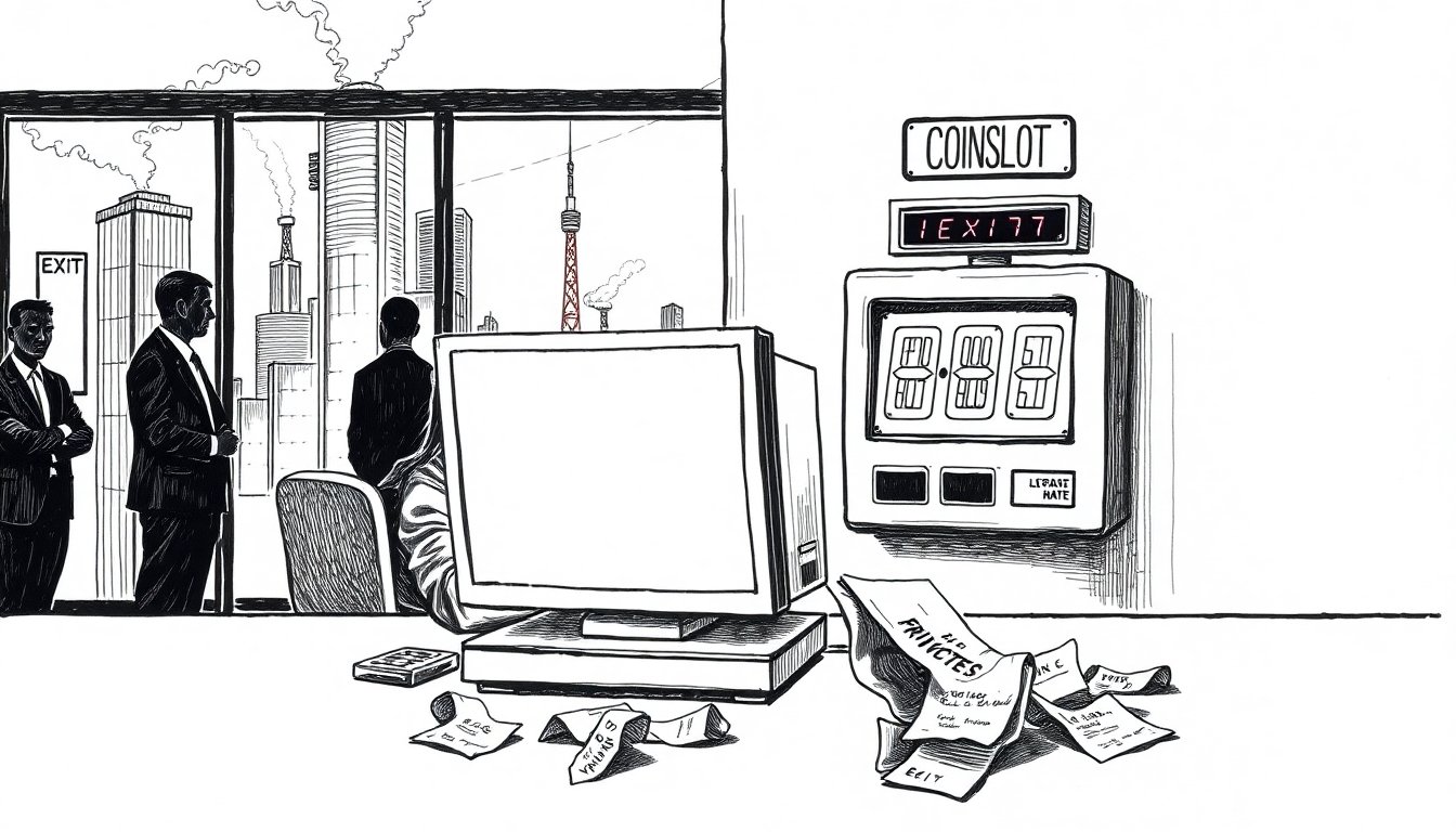 A figure at a terminal under a ticking cost meter as coworkers file out behind them, suggesting AI's simultaneous billing shift and workforce cuts.