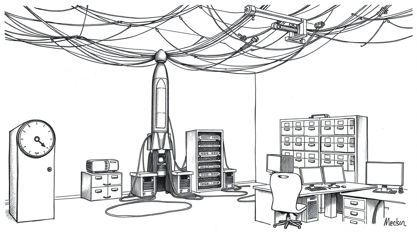 A rocket-server tower powers glowing terminals at empty desks while a meter climbs and name-badge cabinets collect dust, suggesting compute expansion meeting human job loss.