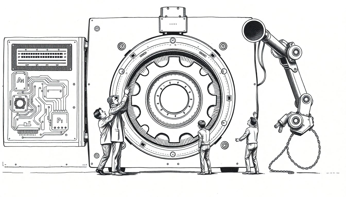 Pen-scratch cover: Create a hand-drawn pen scratch editorial illustration that shows a tall figure in formal attire lifting a central gear from a shared mechan