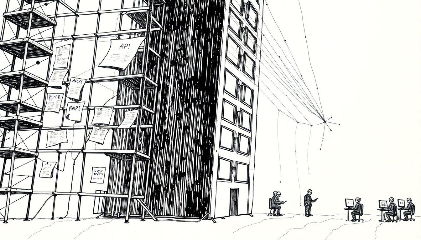 Server scaffolding connects via web threads to developers at workstations while financial documents rise from the base, suggesting AI infrastructure racing to become capital before the build is done.