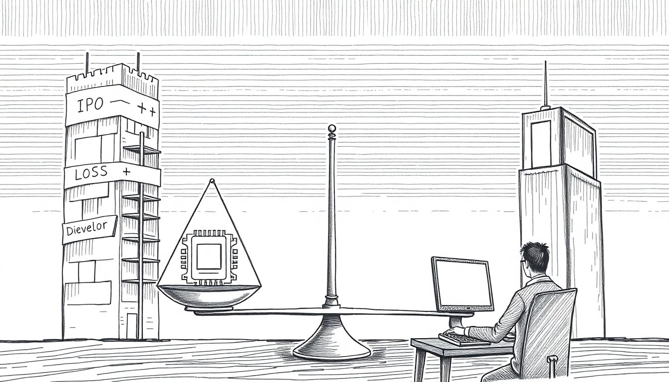 Pen-scratch cover: Create a hand-drawn pen scratch editorial illustration that shows a balance scale at center, one pan holding a glowing processor chip, the o