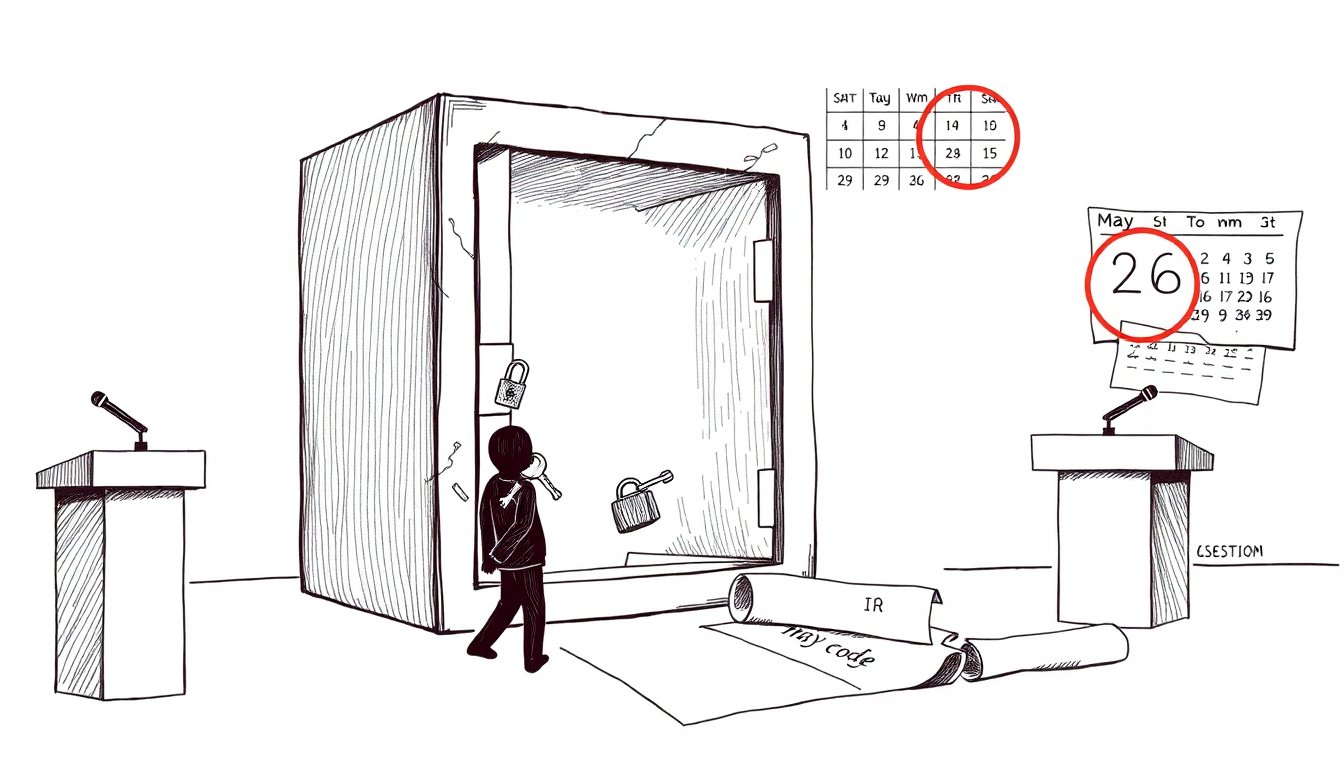 A cracked VS Code extension panel as a safe, stolen credentials escaping through the open door, empty podium and red-circled calendar in the background.