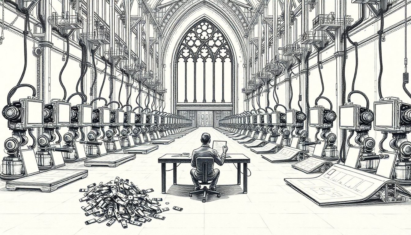 A lone engineer sketches blueprints at a drafting table beneath a cathedral arch while robot arms fill a production floor, discarded ID badges piled in the corner.