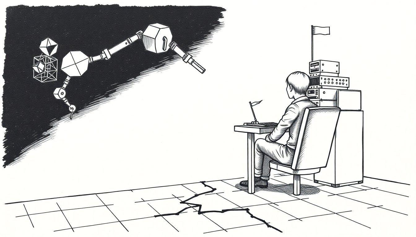 A programmer types at a terminal while robotic arms build outward from the screen, unaware of a hairline crack spreading across the floor beneath their chair.