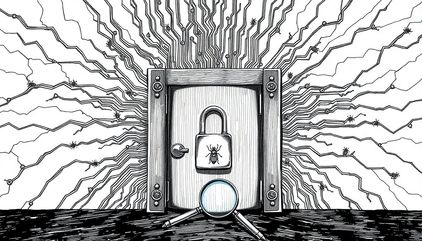 A padlocked vault bars a magnifying glass from a circuit board swarming with bugs, suggesting dangerous AI power kept deliberately contained.