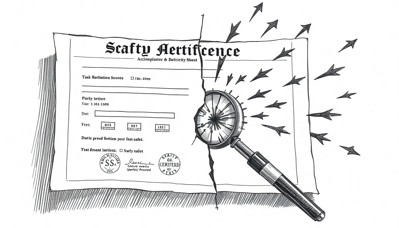 A safety certificate fractures as converging attack lines expose hidden layers beneath, capturing the gap between AI safety benchmarks and real multi-turn vulnerability.