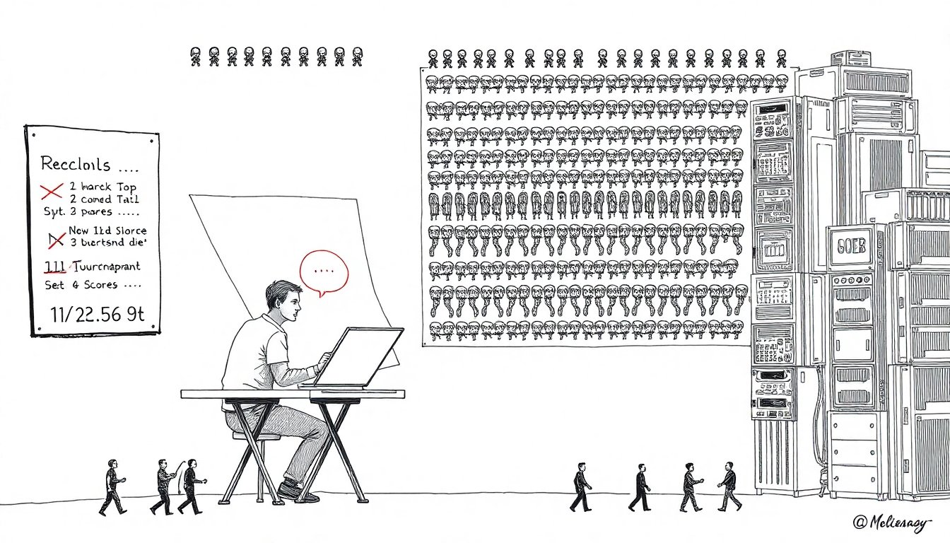 A lone technician circles a code flaw while a grid of mechanical figures works in parallel, leaderboard scores drop, and human silhouettes exit left.