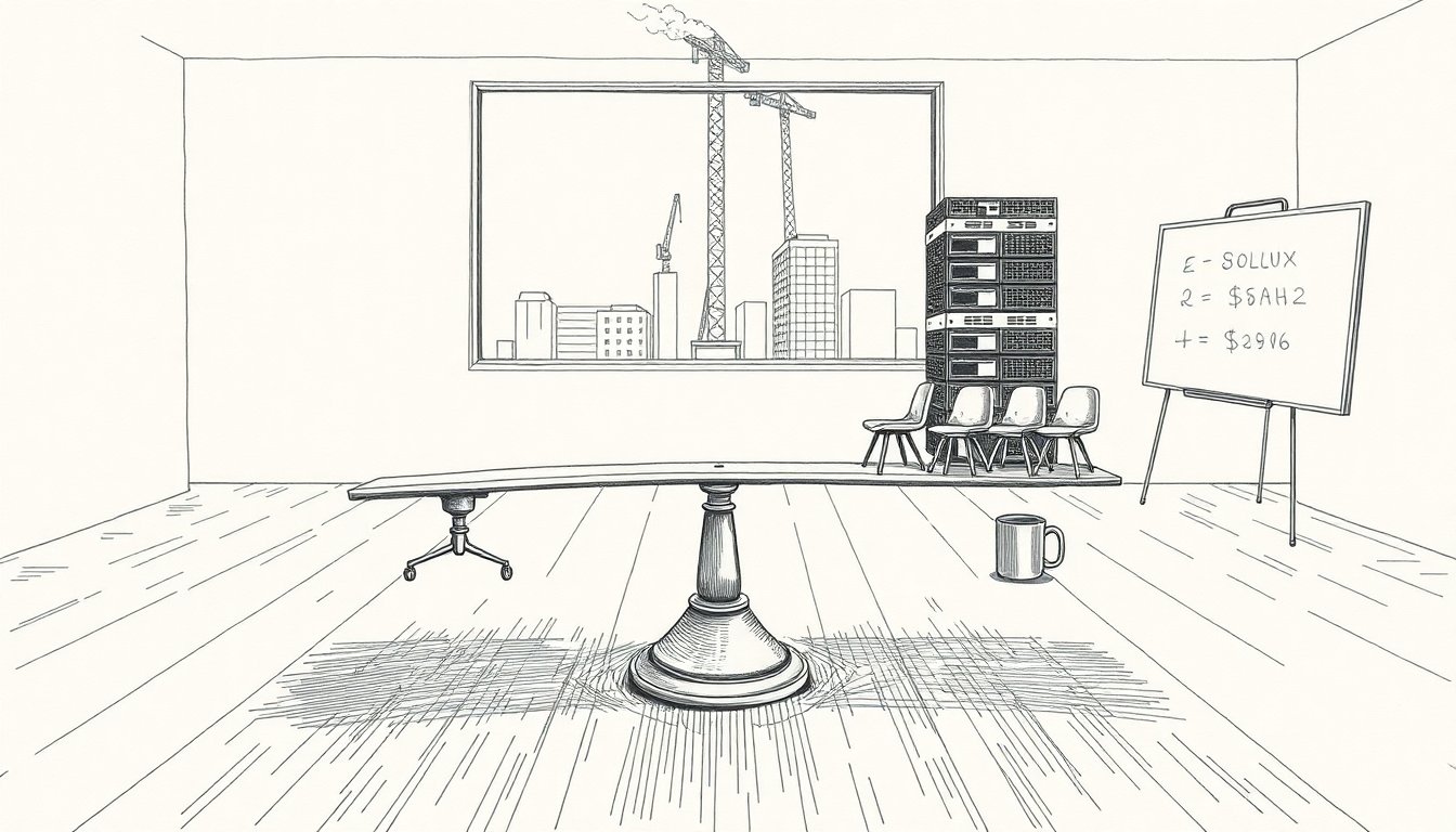 A balance scale tips server racks over empty office chairs while a data center rises outside, conveying AI infrastructure replacing human headcount.