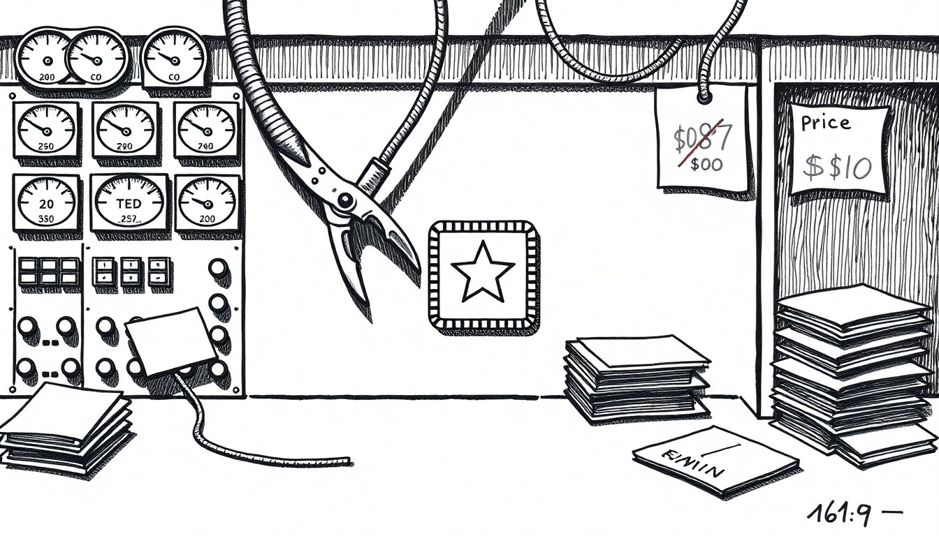 Wire cutters sever an external cable as a new circuit routes internally through a server rack, while token meters drain and layoff envelopes stack in the corner.