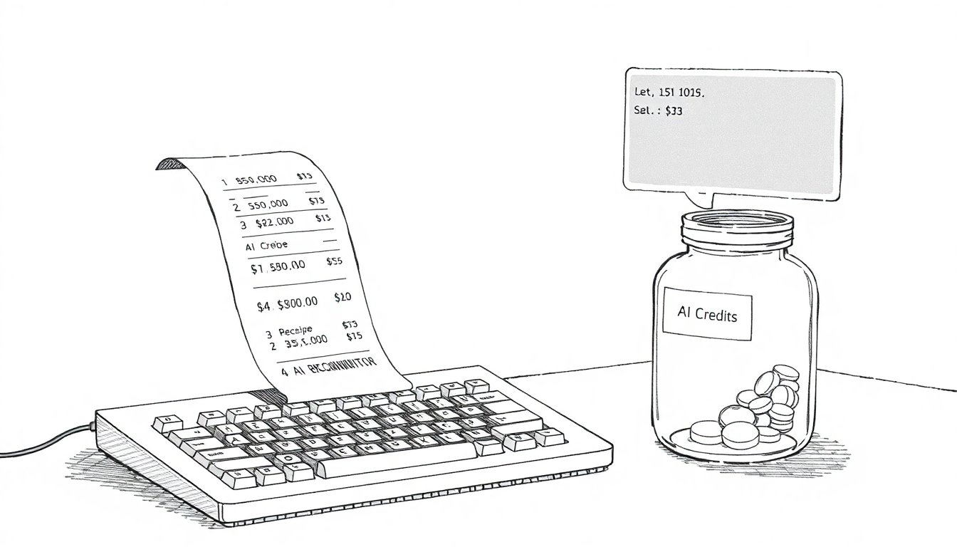A keyboard spools a receipt tape with price tags on each code line while a nearly empty Credits jar sits beside it.