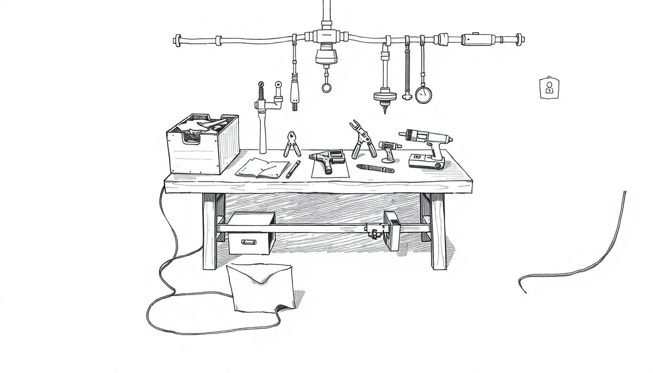 A workshop bench holds seven new tools alongside others from two competing makers, while one file folder casts a wire-shaped shadow toward a lockbox behind.