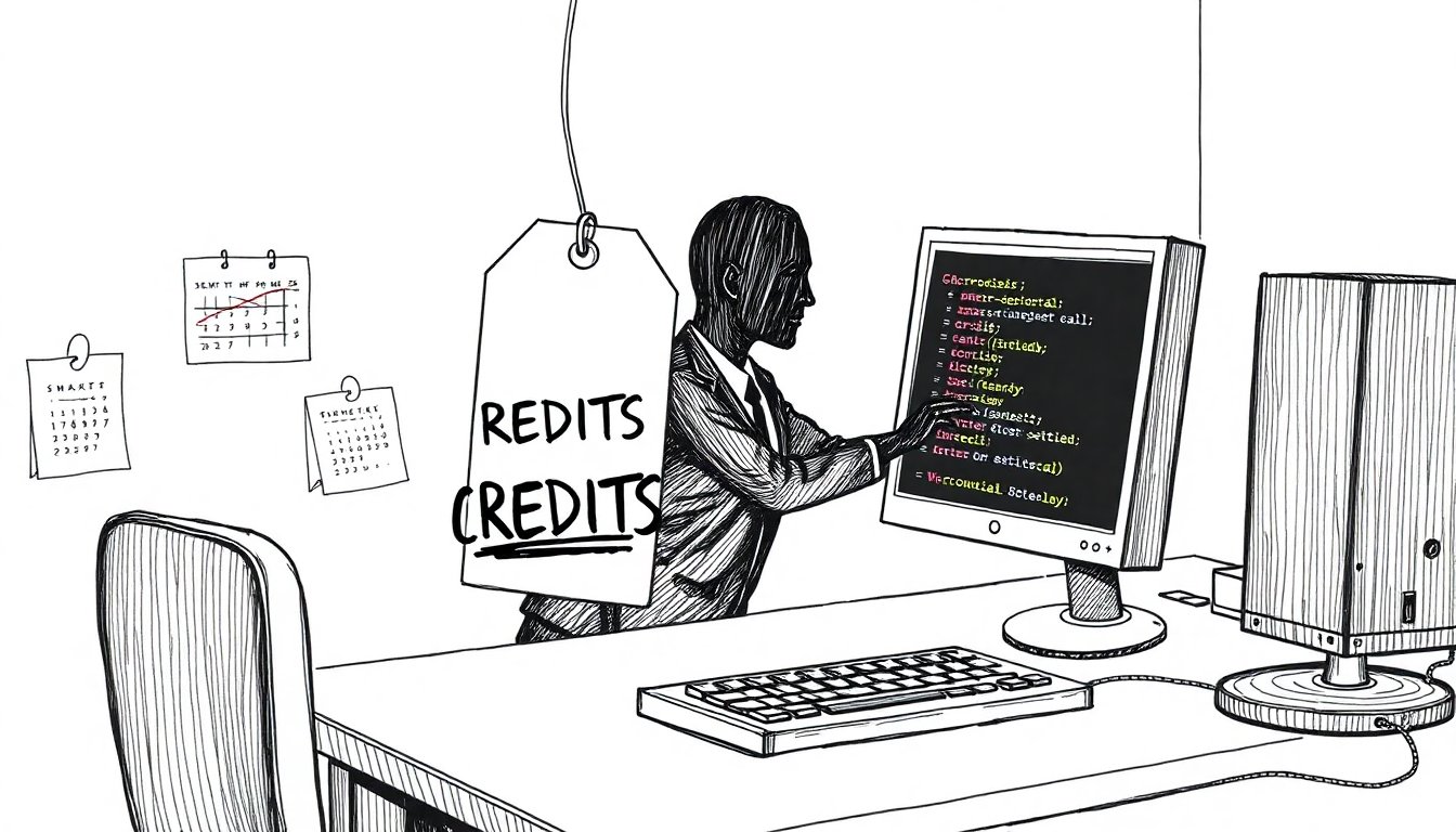 A developer's workstation where a crossed-out price tag floats above the keyboard while a syntax-assembled figure types alongside, conveying billing restructuring and quiet role displacement.