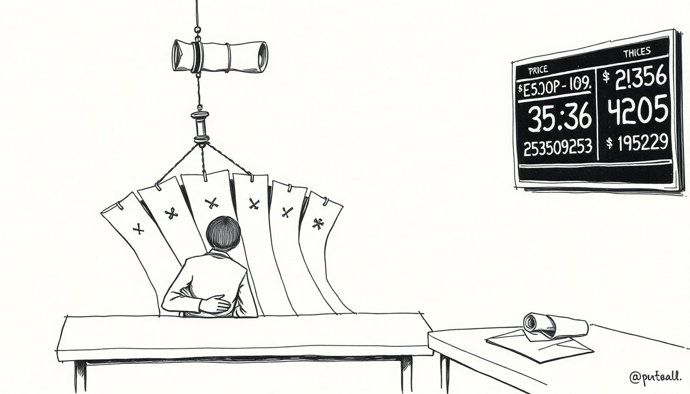 Seven blueprint scrolls fan across a drafting table while an older design is lowered on a rope overhead and a price board shows falling numbers.