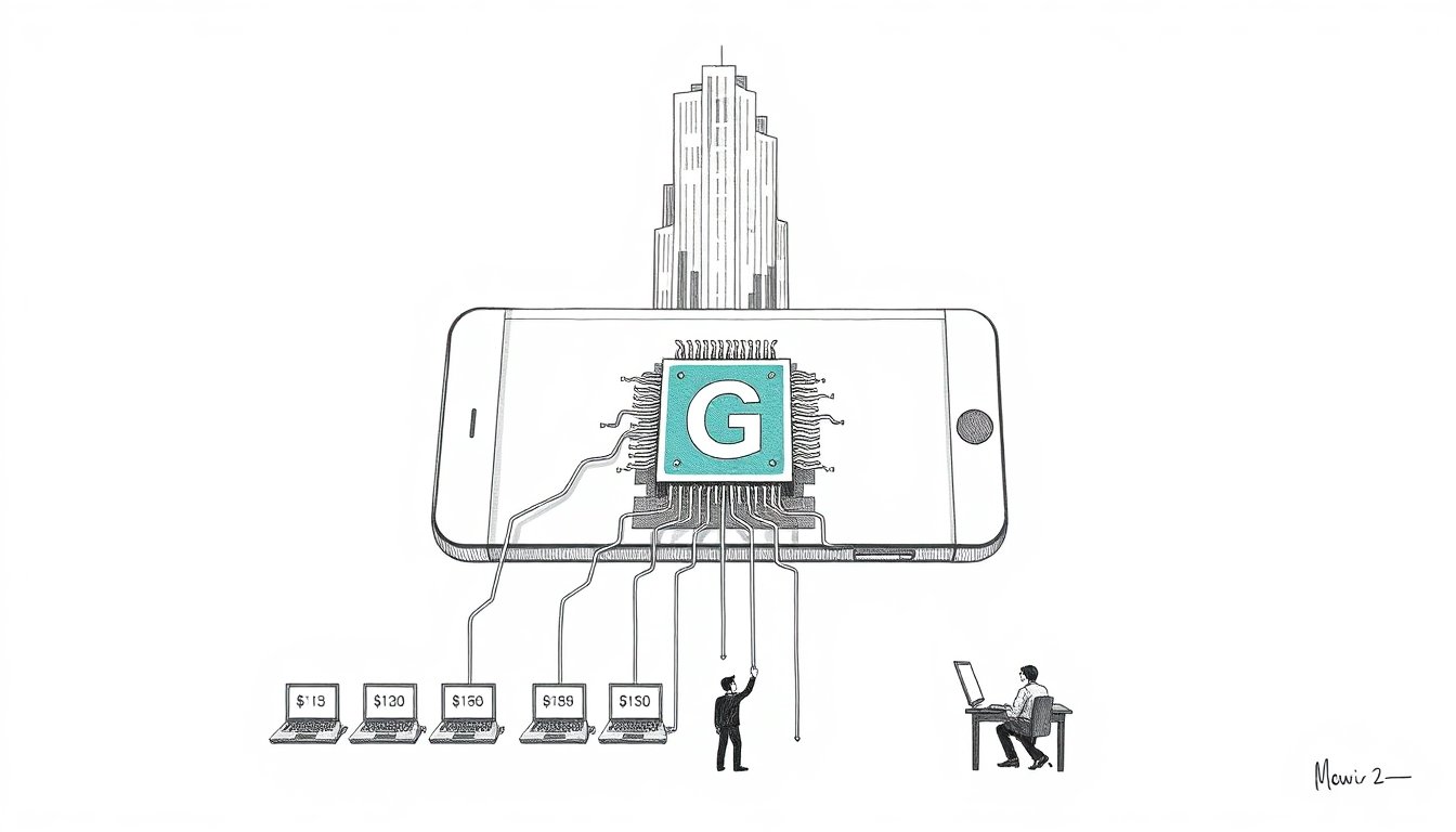 A cross-section smartphone with a G-branded brain inside, dollar-tagged cables connecting it to developers below, suggesting hidden dependency and rising infrastructure costs.