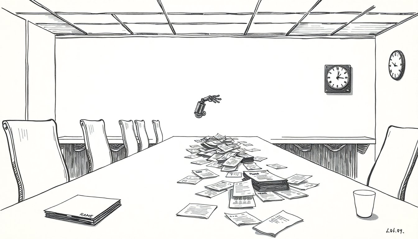 Empty office chairs give way to a mechanical hand finishing the paperwork, suggesting AI agents absorbing the desk work that once needed people.