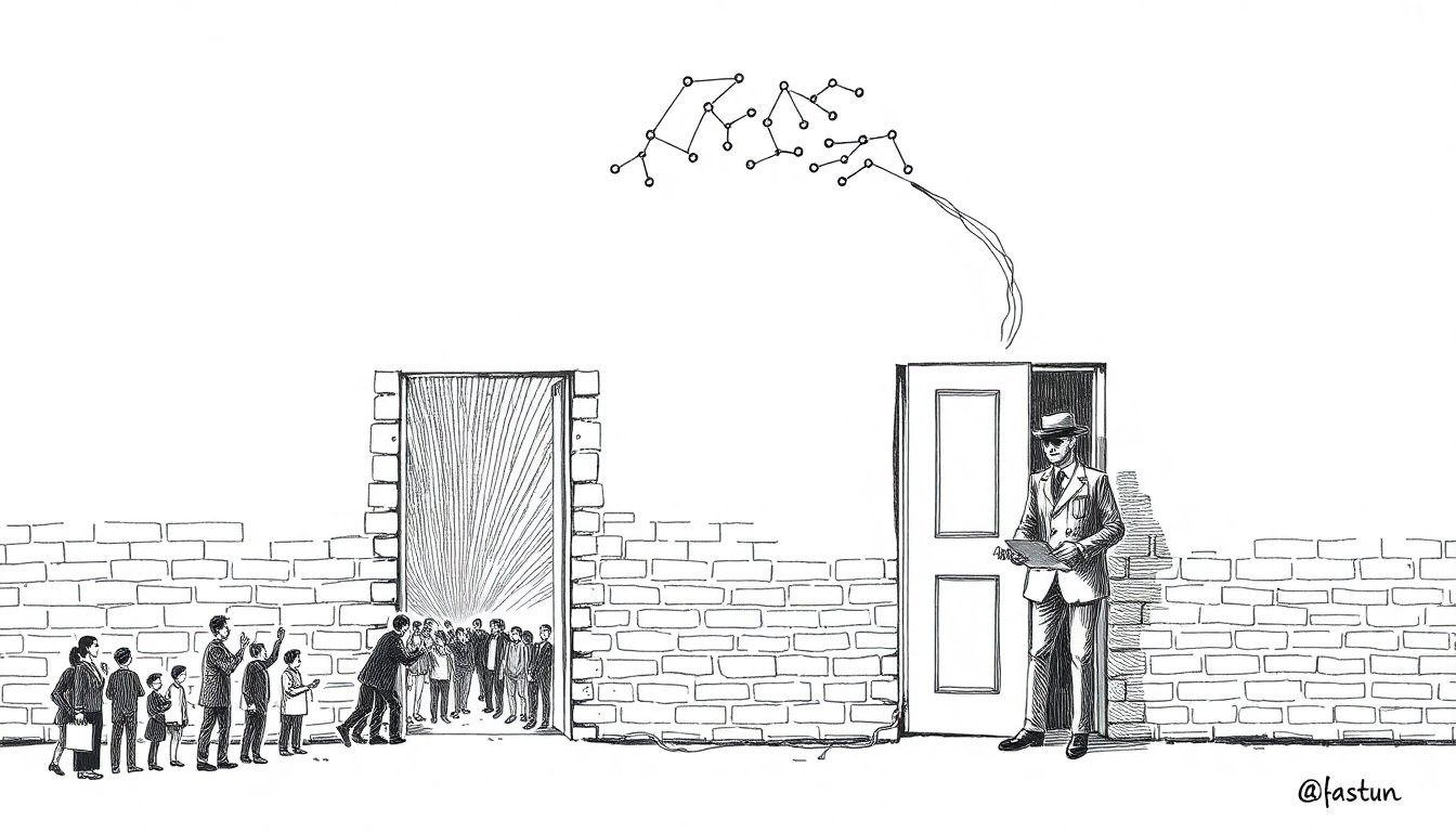An ink-drawn wall with one door open to a reaching crowd and another locked behind a guard, showing a lab releasing one model while gating another.