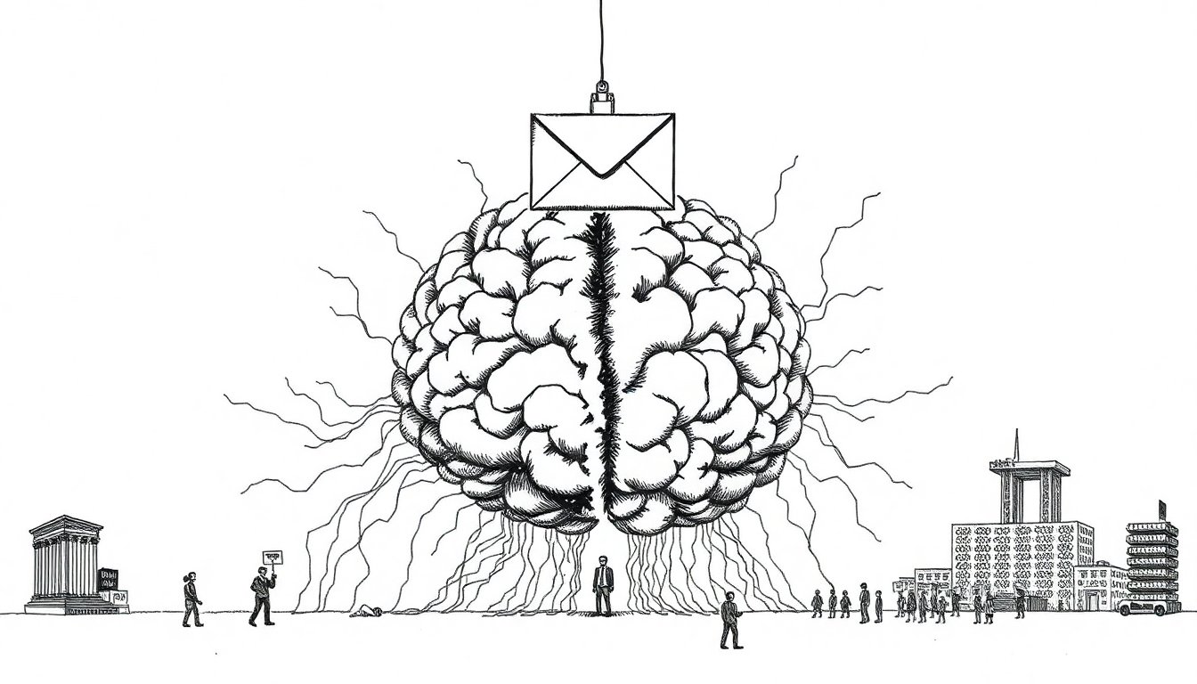 A glowing etched machine-mind dissolves into blank paper under a government envelope and a pulled switch, as small figures stand locked outside a closing gate.