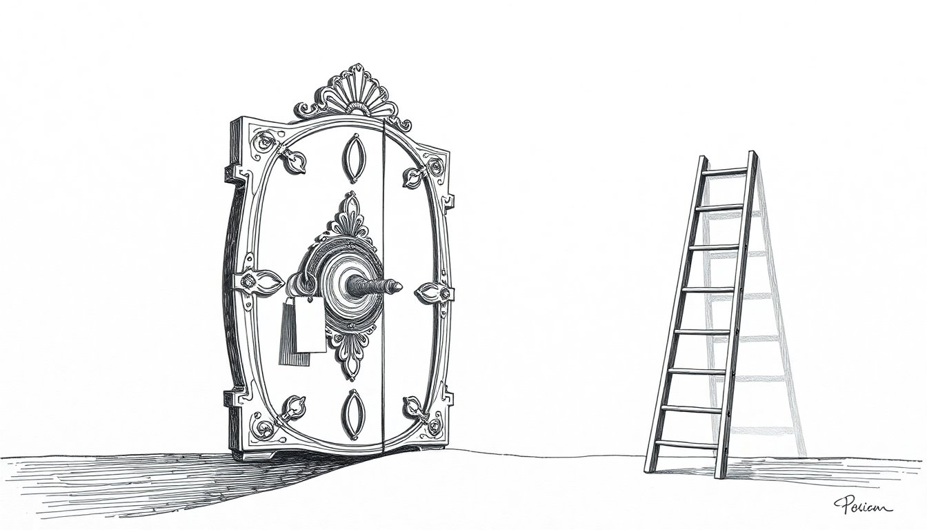 A small key opens a giant vault while a ladder loses its lowest rungs, suggesting cheap open models unlock the frontier as entry jobs vanish.