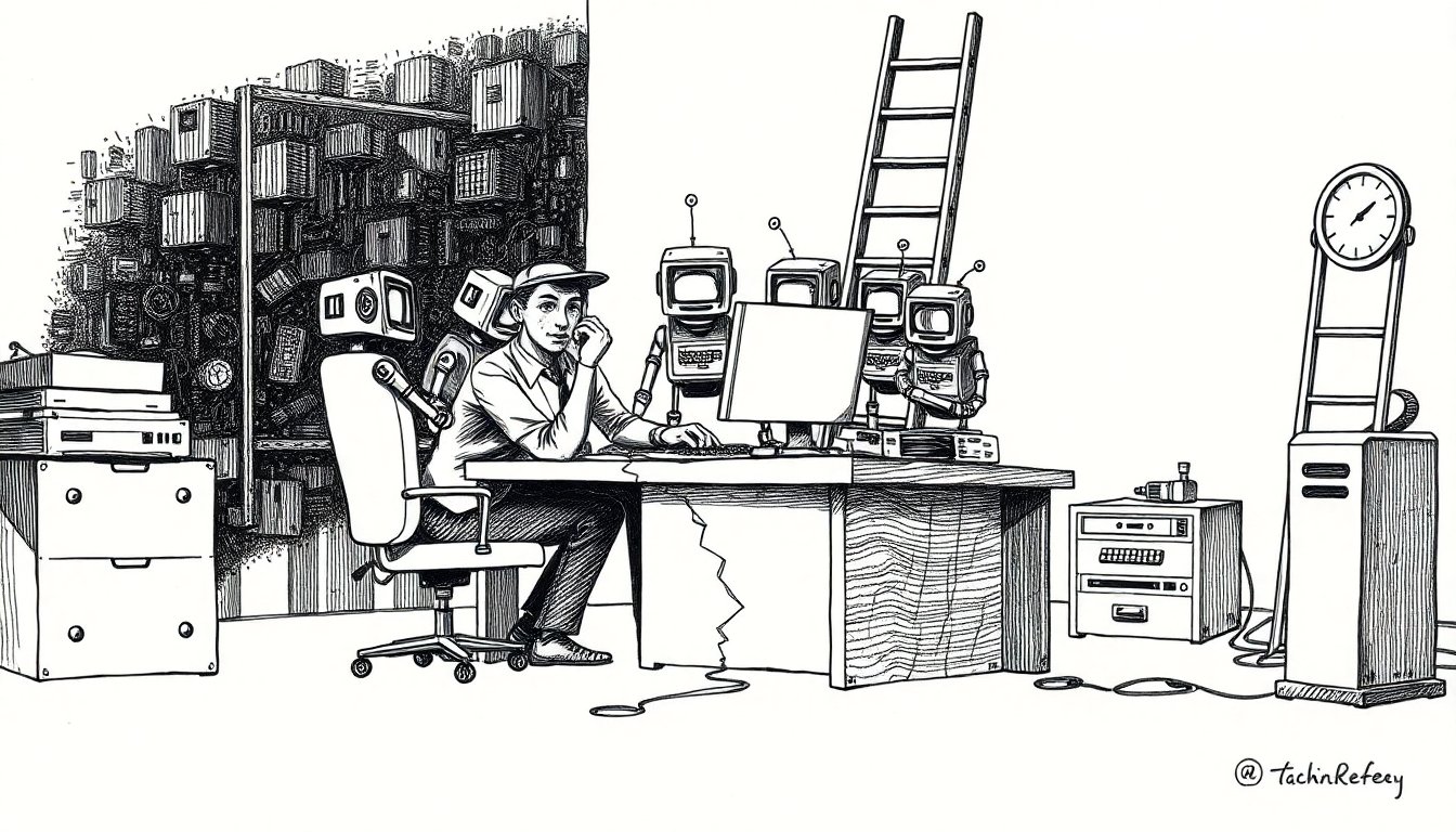 A developer is swarmed by helpful machines, one leaking data through a crack, beside a ladder missing its bottom rungs, suggesting automation's hidden costs.