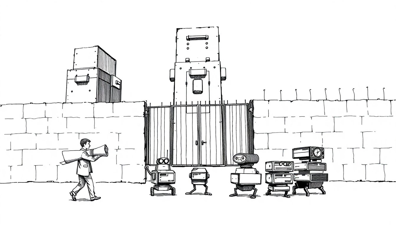 A small figure with an open blueprint outpaces towering locked machines while clockwork agents build from cards, suggesting open models overtaking closed systems.