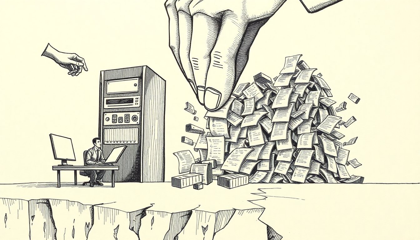 A giant hand closes over small coding tools while a server buckles under a flood of printouts, suggesting AI coding consolidation and infrastructure strain.