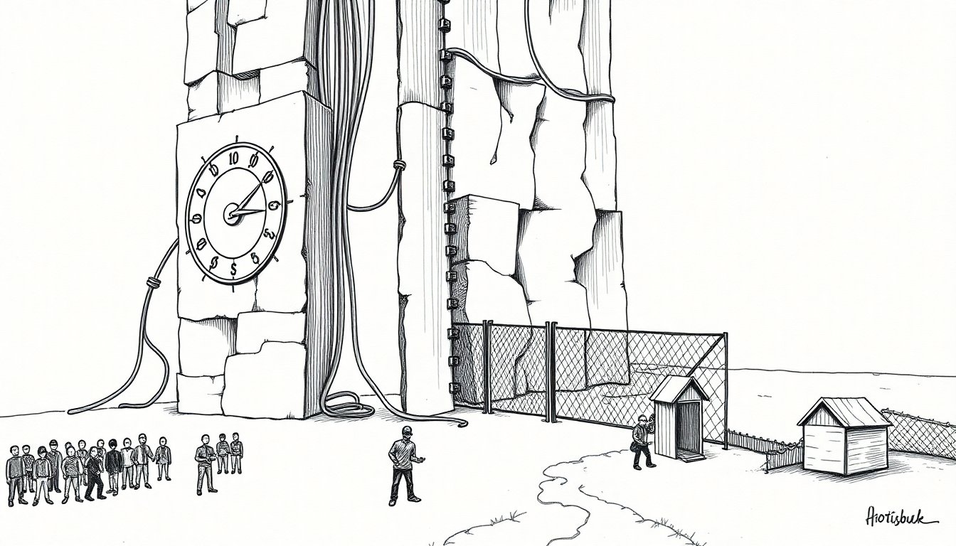 A fortress-like server with a coin meter looms over people locked outside a gate, while a few slip away to build their own small machines.