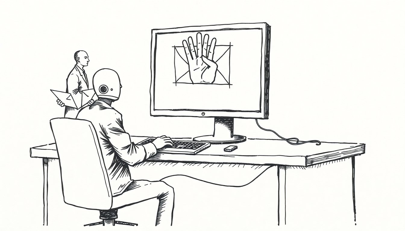 A developer watches an error report morph into a hand reaching through the screen while another figure patches a cracked shield behind, suggesting AI tools that both guard and breach code.