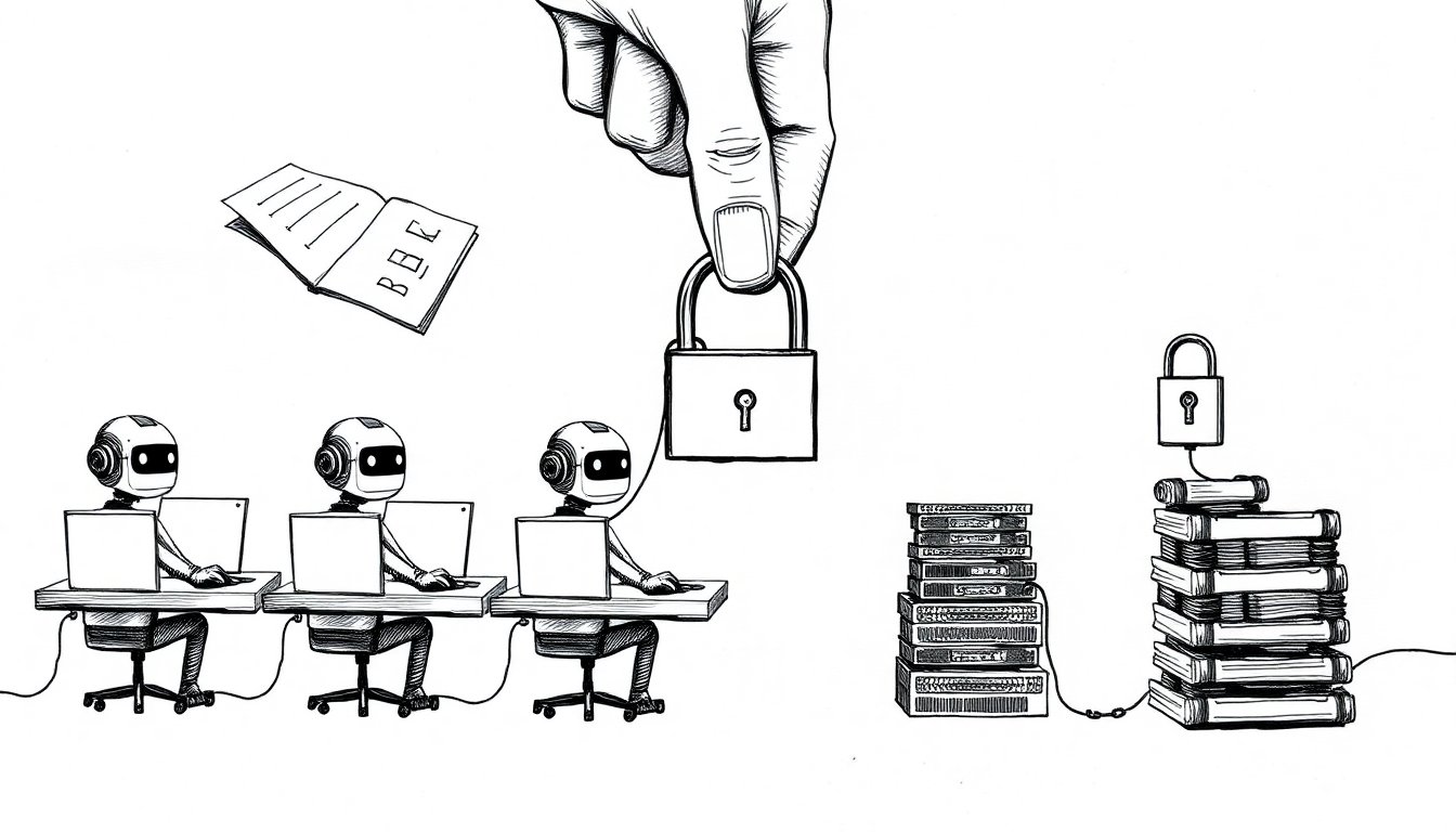 Mechanical clerks work at desks on thin leashes held by an overseer with a ledger, while a hand pries a padlock off a stack of computer chips nearby.